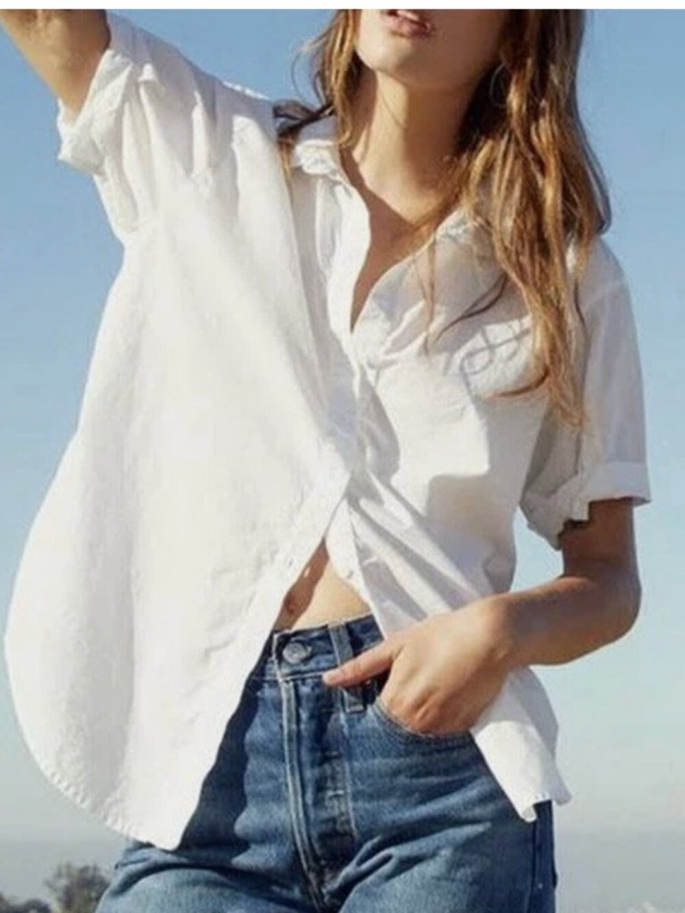 Nation LTD Katherine Classic Rolled Button Down Poplin Top - Pima Cotton White L